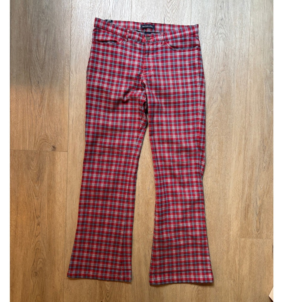 Abercrombie & Fitch Red Plaid Flare Pants Womens 8 Preppy Tartan Trousers